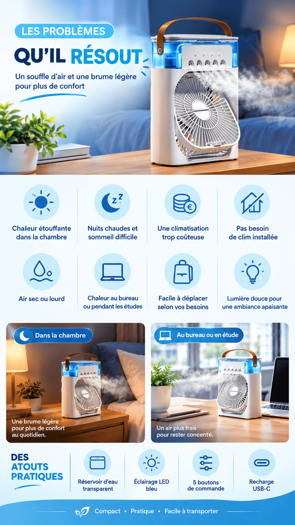 Ventilateur Brumisateur 3 en 1 — Mini climatiseur portable rechargeable
