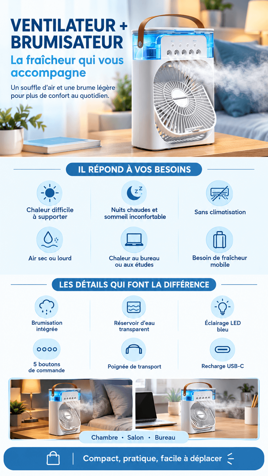 Ventilateur Brumisateur 3 en 1 — Mini climatiseur portable rechargeable