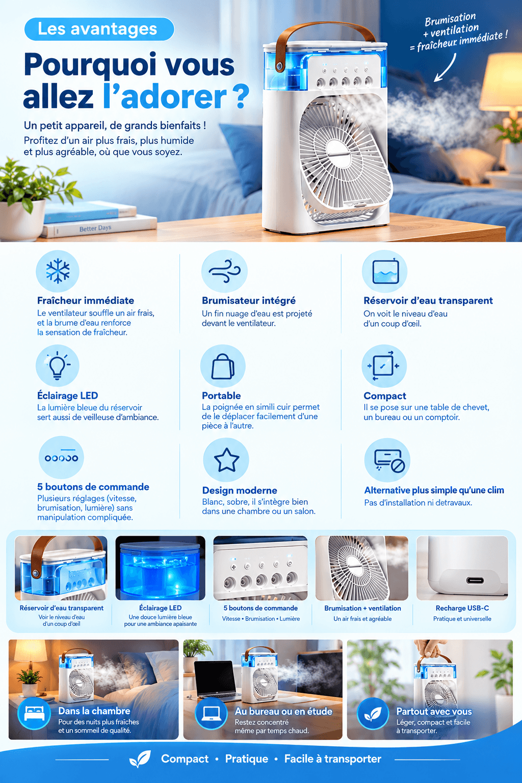 Ventilateur Brumisateur 3 en 1 — Mini climatiseur portable rechargeable