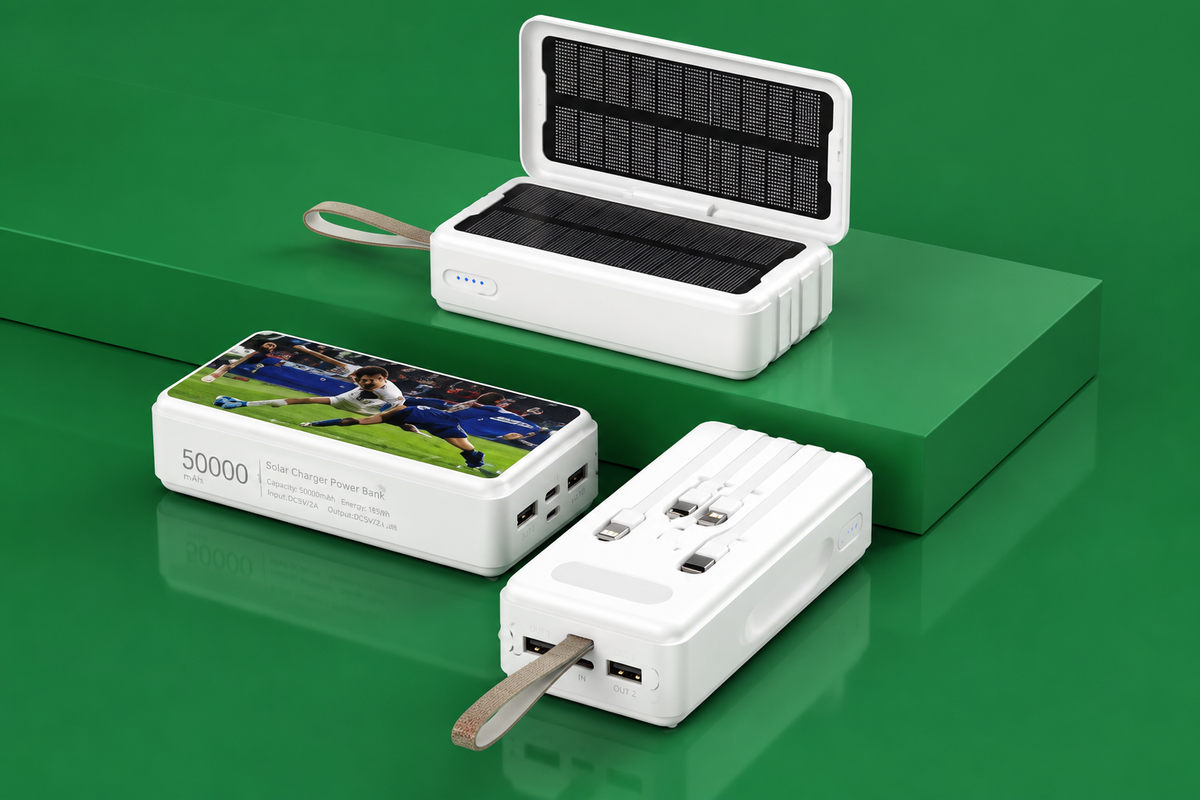 Power bank solaire 20 000 mAh avec câbles intégrés
