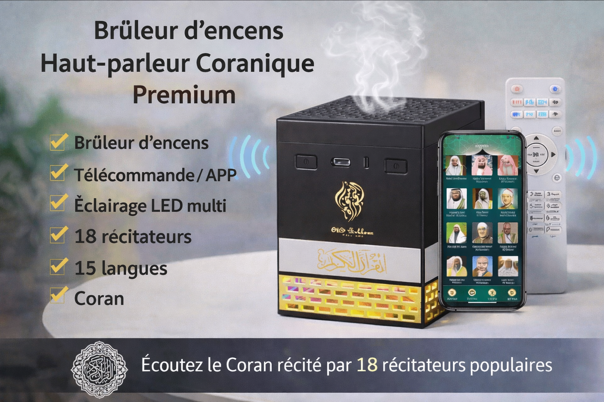 Brûleur d'encens oud rechargeable à plusieurs LED avec haut-parleur intégré pour les musulmans