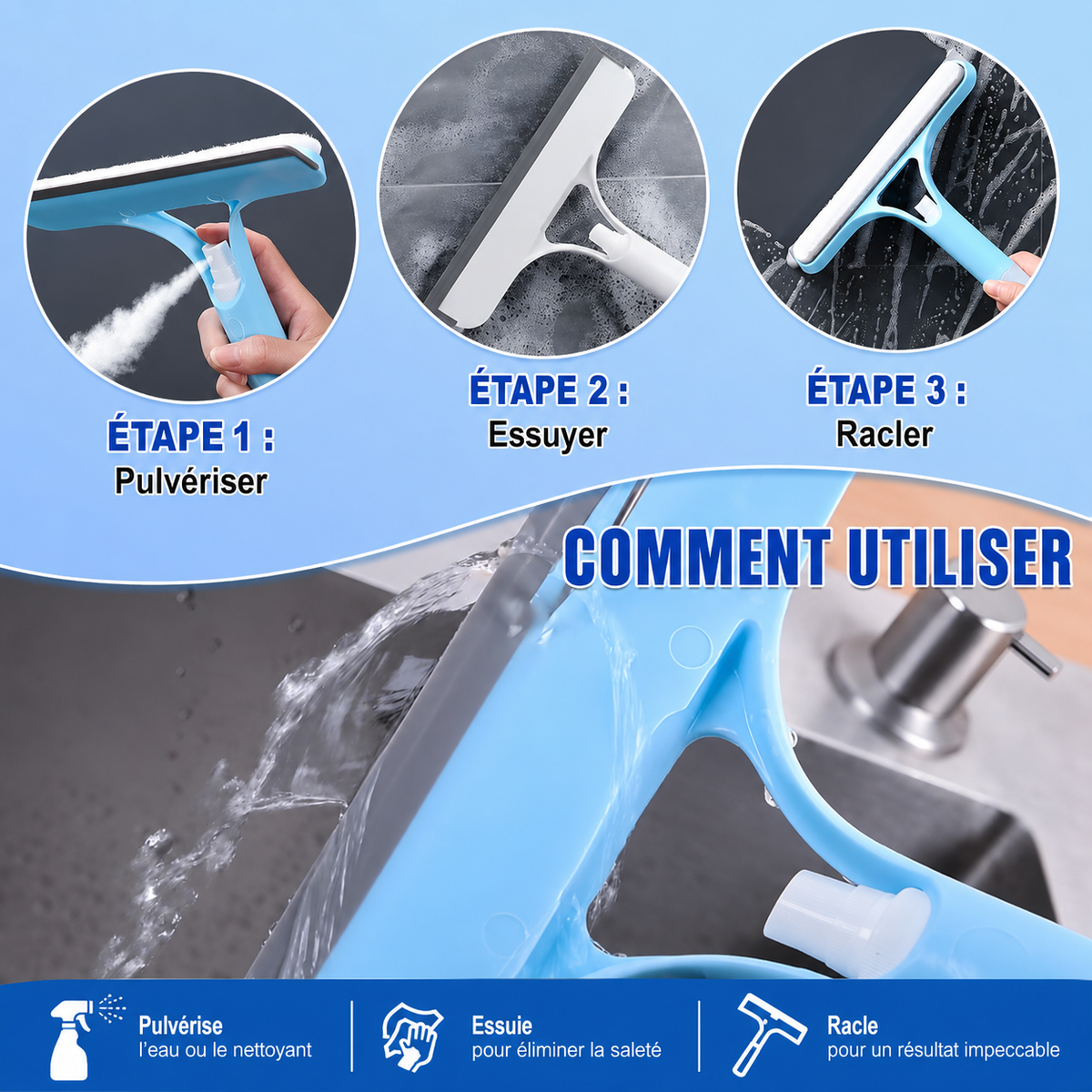 Nettoyeur de Vitres 3-en-1 avec Réservoir Vaporisateur Intégré – Sans Traces