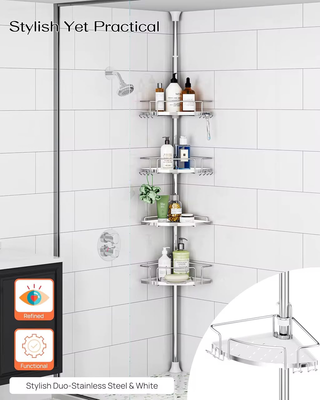 Étagère d'Angle Télescopique pour Douche – 4 Niveaux, Sans Perçage