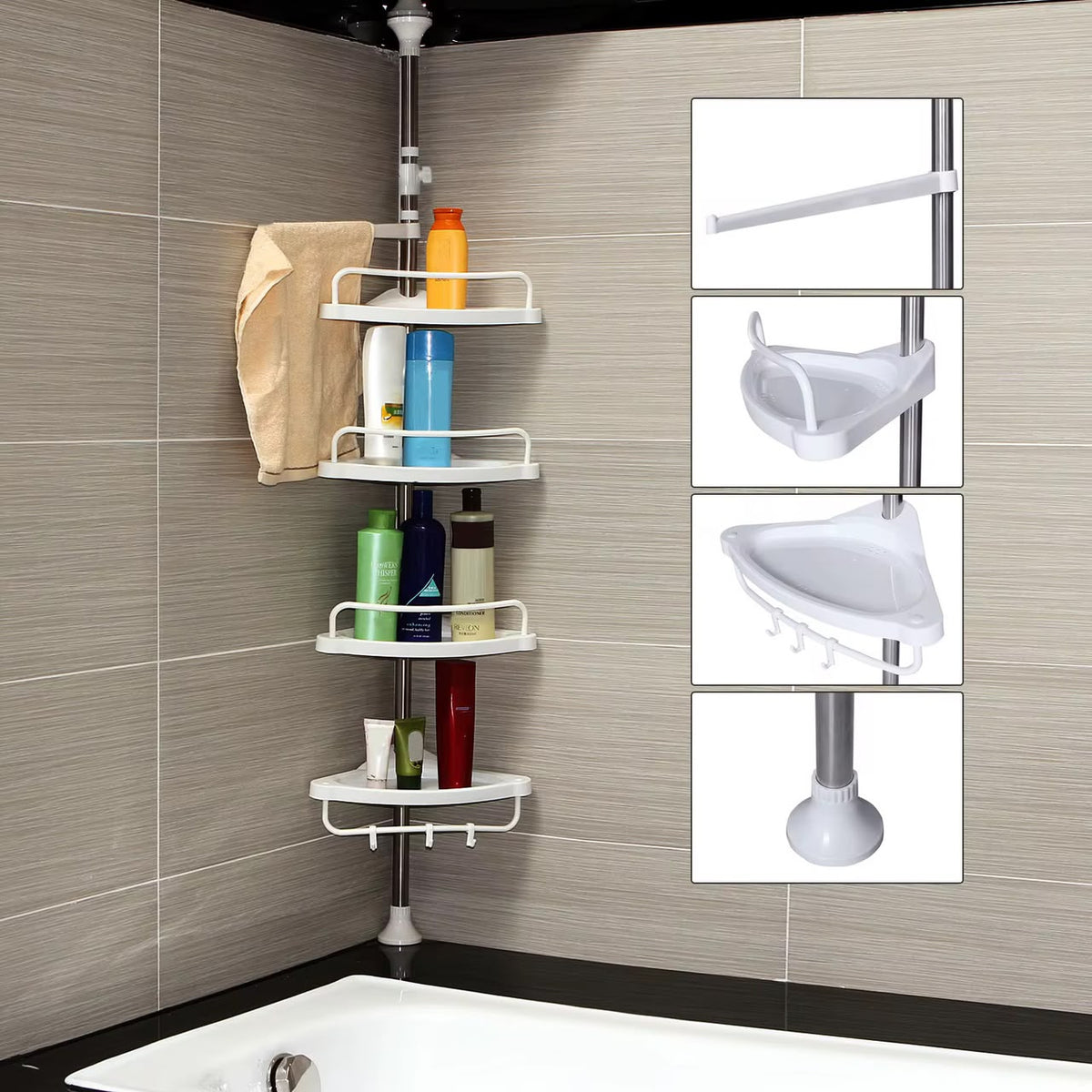Étagère d'Angle Télescopique pour Douche – 4 Niveaux, Sans Perçage