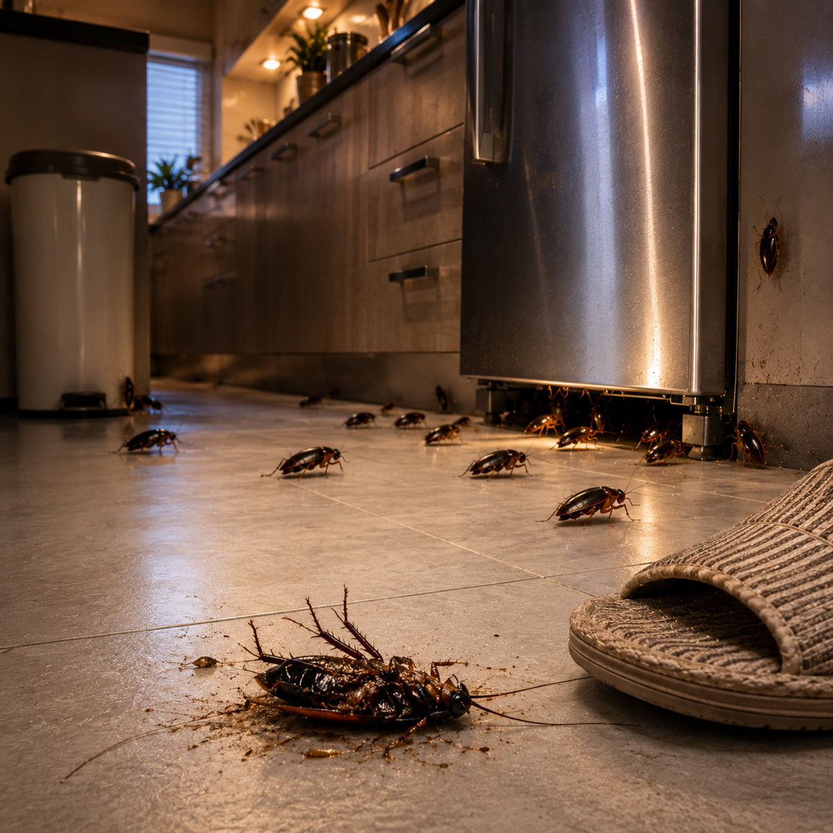 Cafards dans une cuisine la nuit