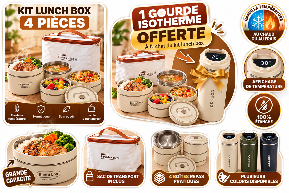 Présentation du kit Lunch Box 4 pièces : boîtes repas, sac de transport et gourde offerte