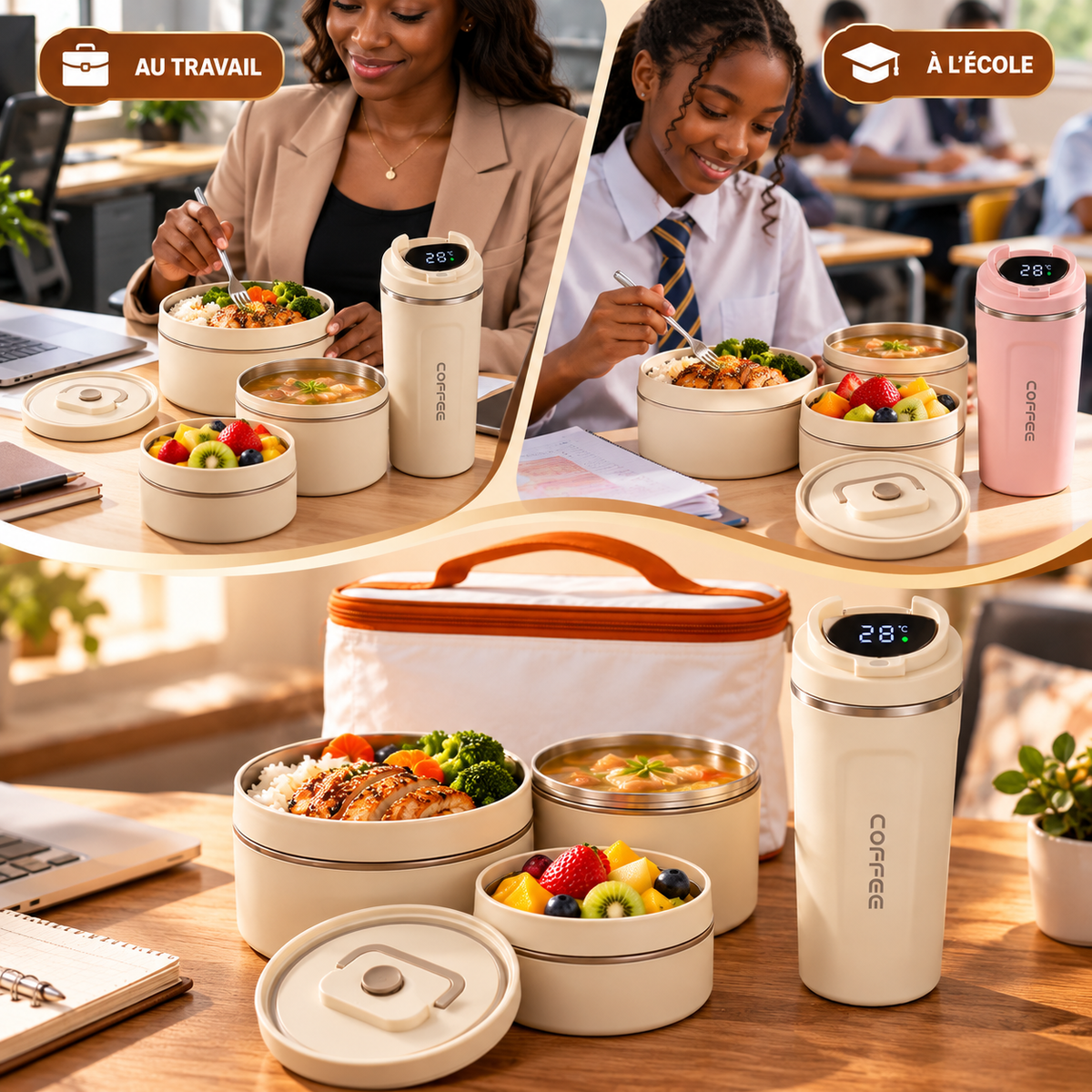 Kit Lunch Box et gourde utilisés au travail et à l'école