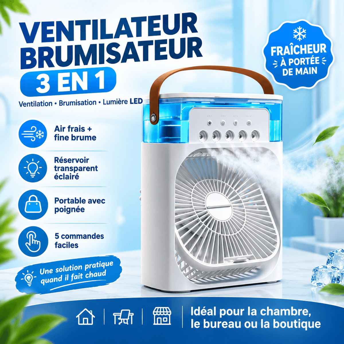 Ventilateur Brumisateur 3 en 1 — Mini climatiseur portable rechargeable