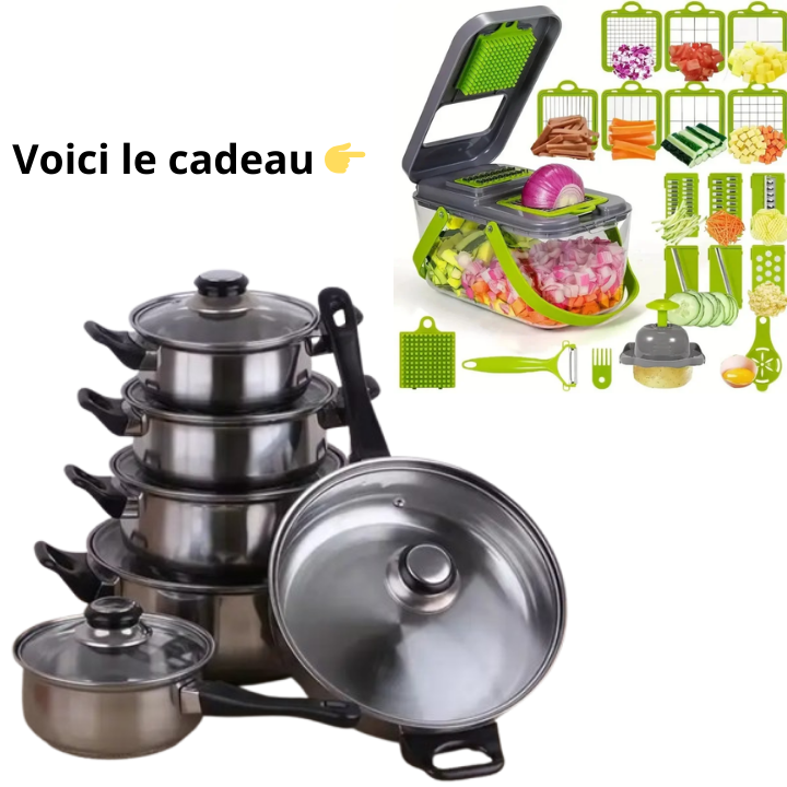 6 grandes casseroles de cuisine et 1 moulinex manuel.