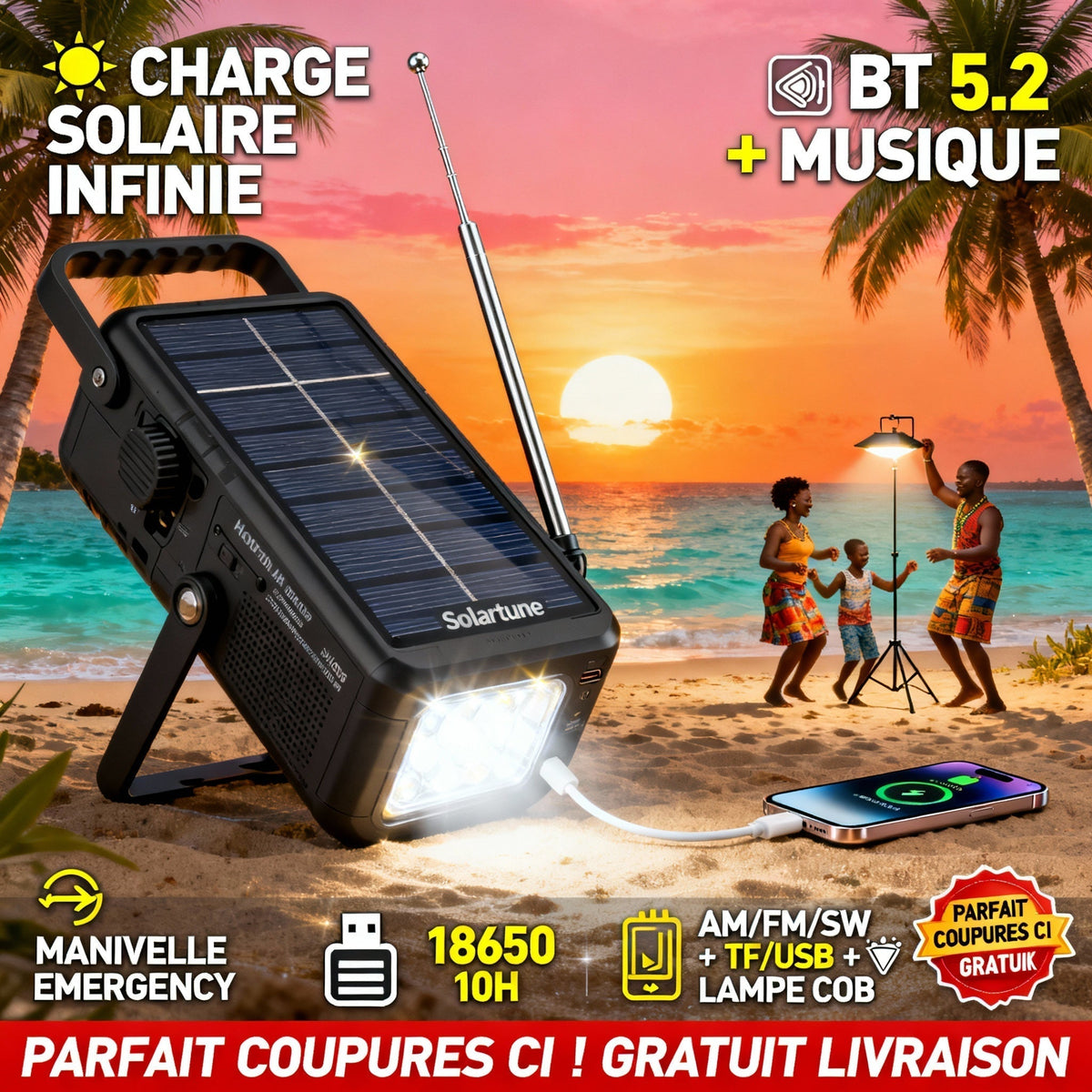 SOLARTUNE RADIO SOLAIRE ULTIME : Chargez Téléphone, Musique Bluetooth, Lampe COB Pliante, MANIVELLE MANUELLE + Toutes Fonctions – Indépendance Totale en Côte d'Ivoire !