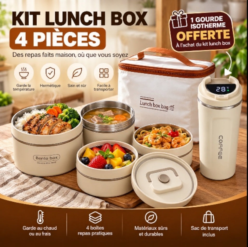 Kit Lunch Box 4 pièces avec sac de transport et gourde isotherme offerte